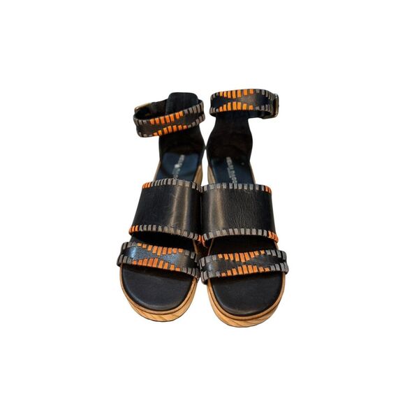 Kelsi Dagger Brooklyn Wooden Leather Sandals Black Orange Gray Details Size 8‎ - Picture 1 of 7
